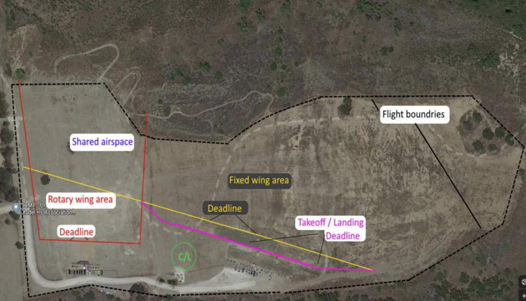 Permitted airspace map for Bob Swenson Memorial Field showing rotary wing, fixed wing, shared airspace, and deadlines